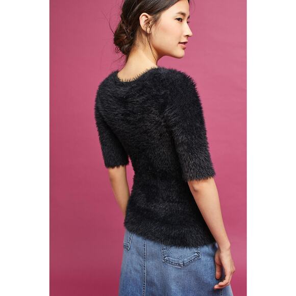 Anthropologie Knitted & Knotted Eyelash Sweater Womens Small 1/2 Sleeve Black - Picture 2 of 13